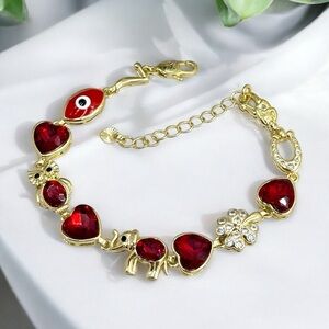 Good Luck Bracelet with Red Crystal Hearts, Gold-Tone Finish,